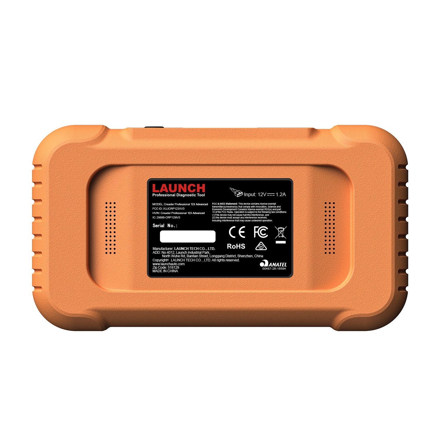 rear view of a LAUNCH Creader Professional 123 Advanced diagnostic tool, featuring a rugged orange casing with a textured grip. A central black label displays technical specifications, manufacturer details, and various regulatory compliance logos.