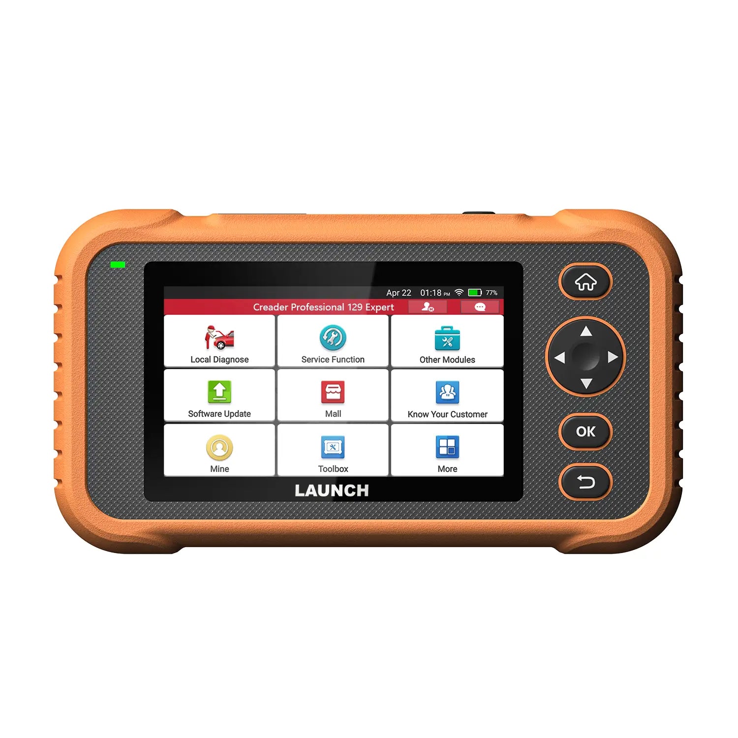 a LAUNCH Creader Professional 129 Expert diagnostic scanner with a rugged orange and black protective casing. The device features a color touchscreen displaying its main menu alongside physical navigation buttons, including a directional pad and an OK button.