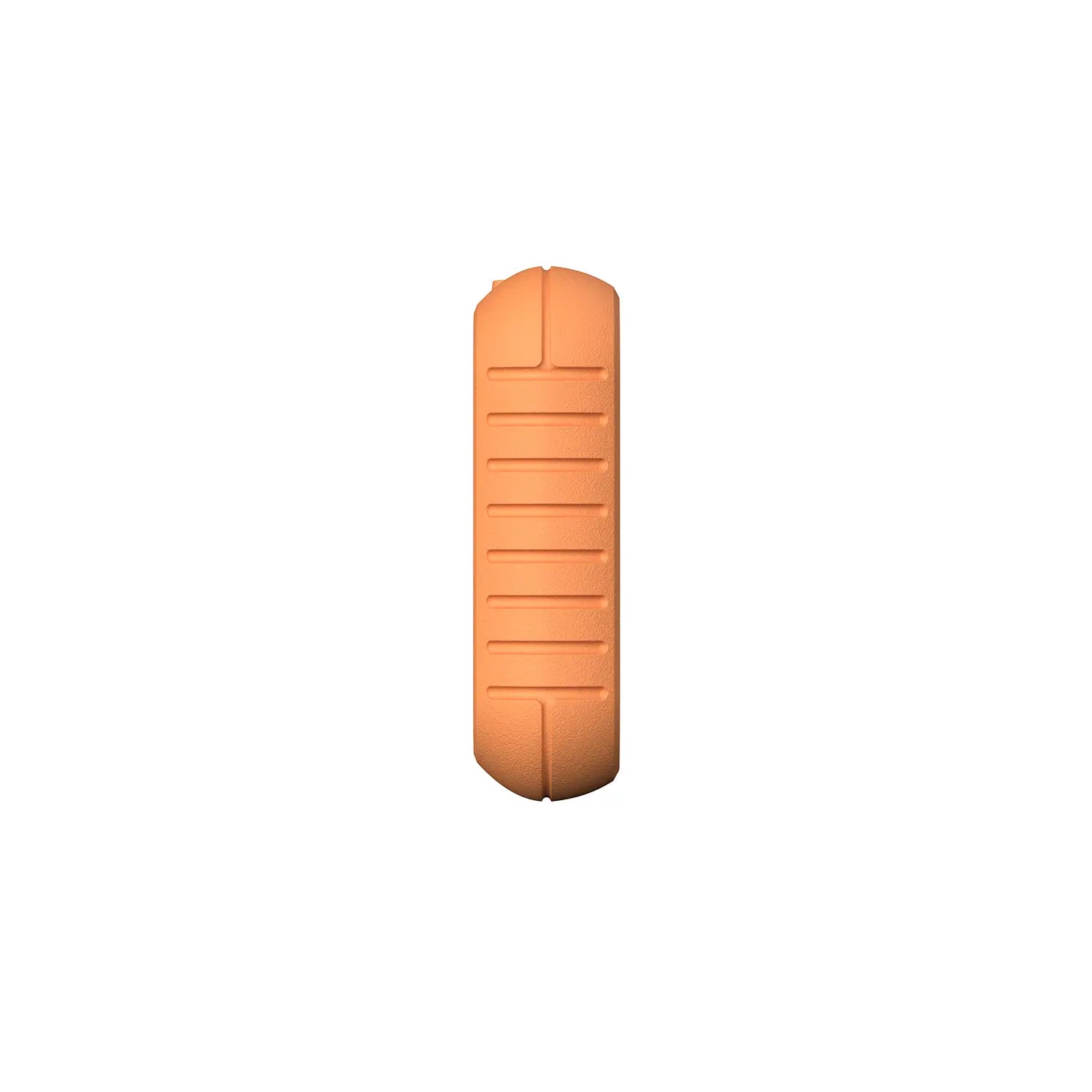 the side profile of a rugged orange device casing, featuring horizontal ridges designed for an anti-slip grip.