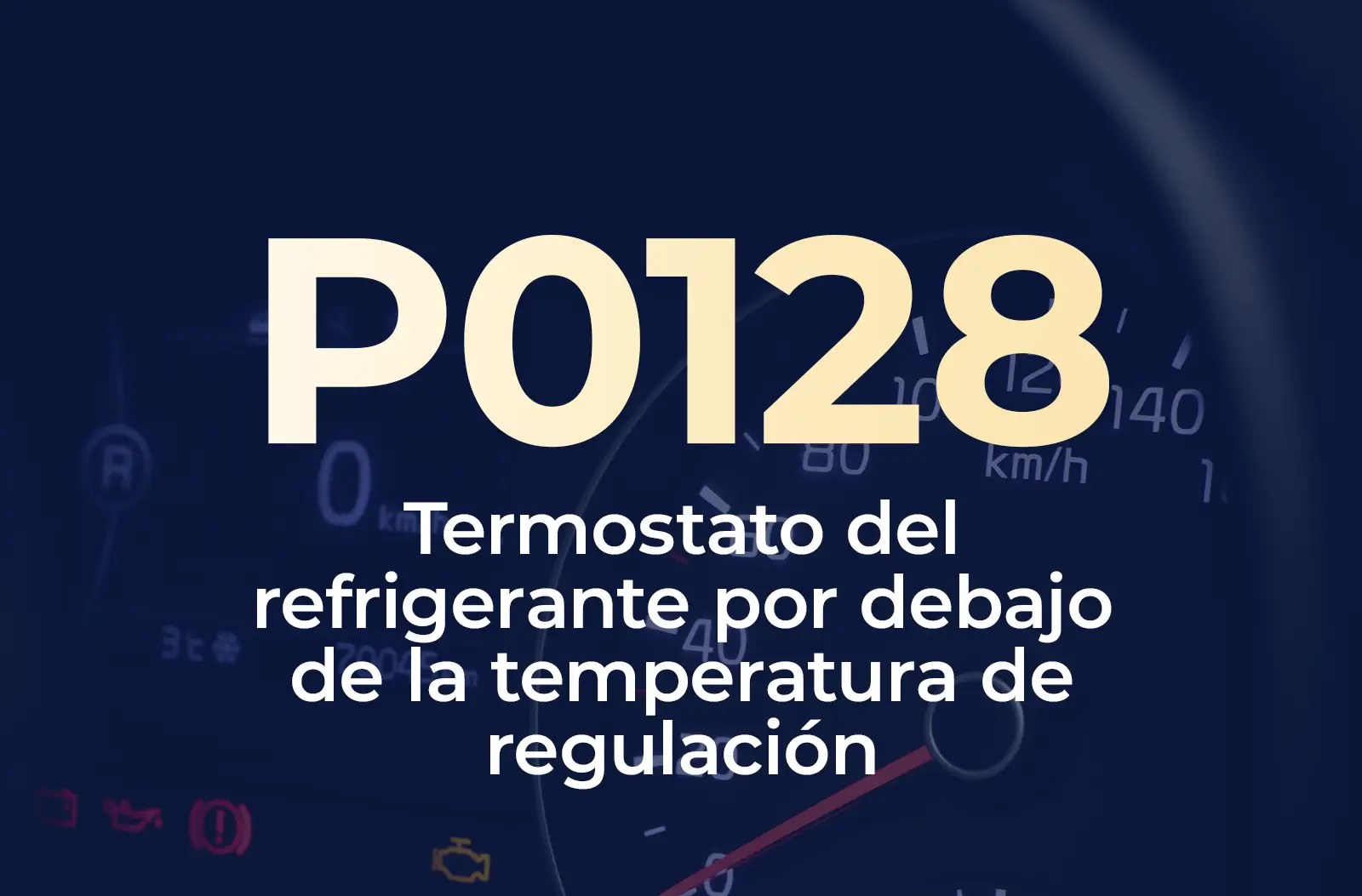 Muestra el código P0128 en amarillo y el texto "Termostato del refrigerante por debajo de la temperatura de regulación" en blanco, sobre el fondo azul desenfocado del tablero del vehículo.