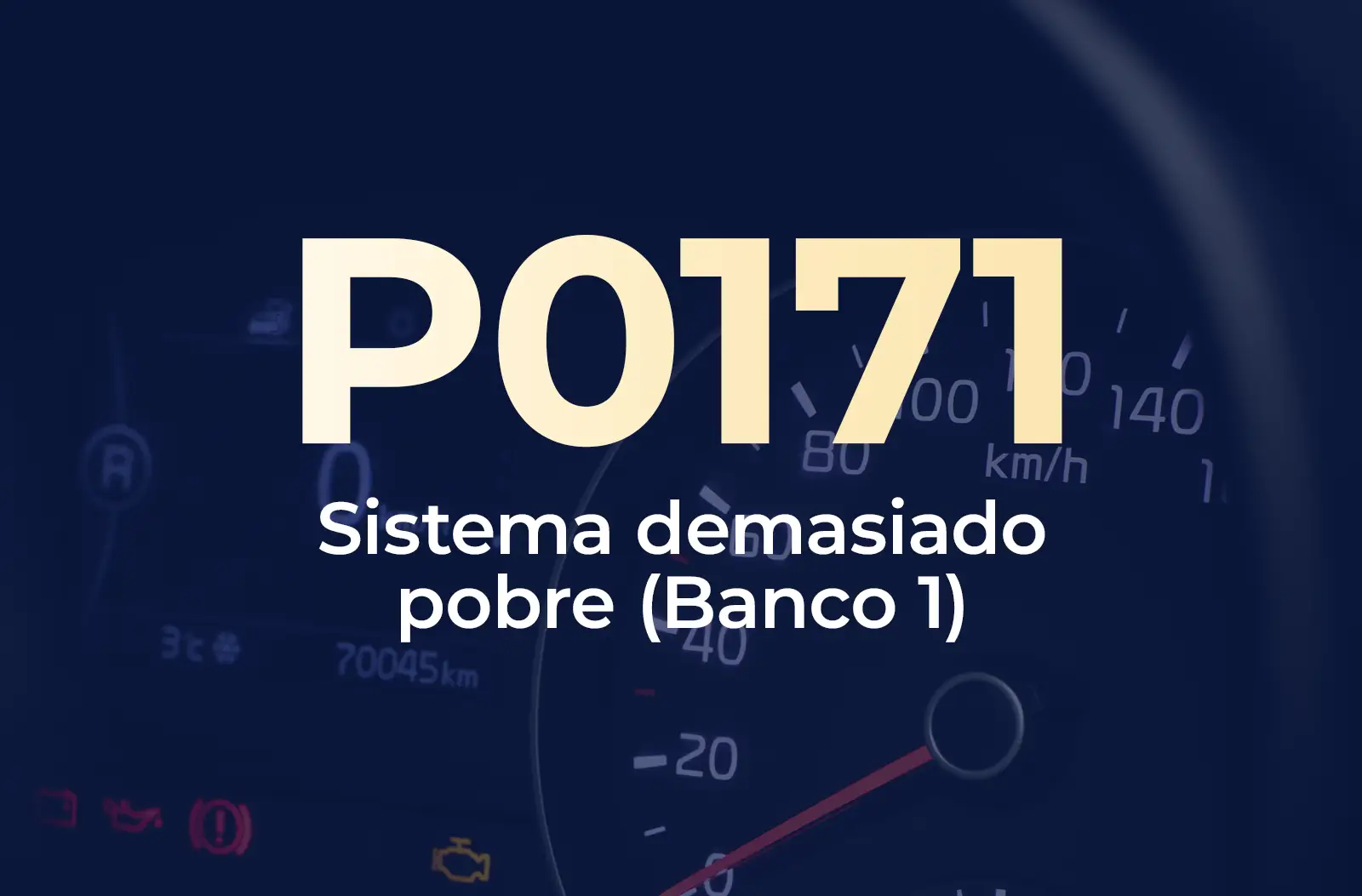 Muestra el código P0171 en amarillo y el texto "Sistema demasiado pobre (Banco 1)" en blanco, sobre el fondo azul desenfocado del tablero del vehículo.