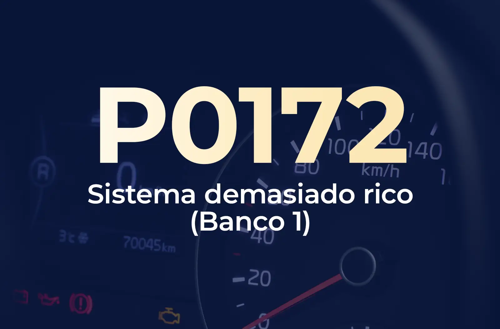 Muestra el código P0172 en amarillo y el texto "Sistema demasiado rico (Banco 1)" en blanco, sobre el fondo azul desenfocado del tablero del vehículo.