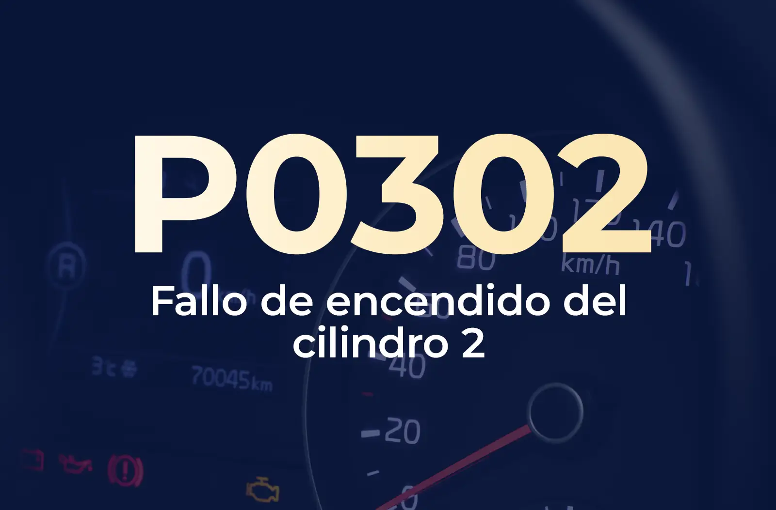 Muestra el código P0302 en amarillo y el texto "Fallo de encendido del cilindro 2" en blanco, sobre el fondo azul desenfocado del tablero del vehículo.
