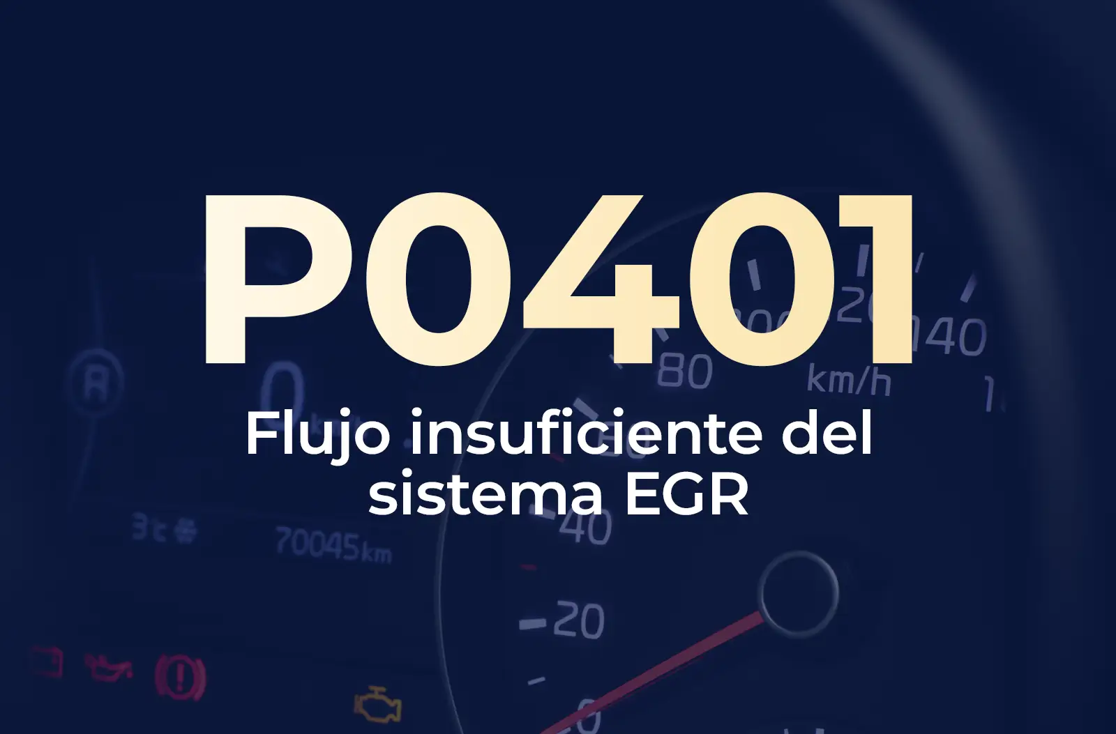 Muestra el código P0401 en amarillo y el texto "Flujo insuficiente del sistema EGR" en blanco, sobre el fondo azul desenfocado del tablero del vehículo.