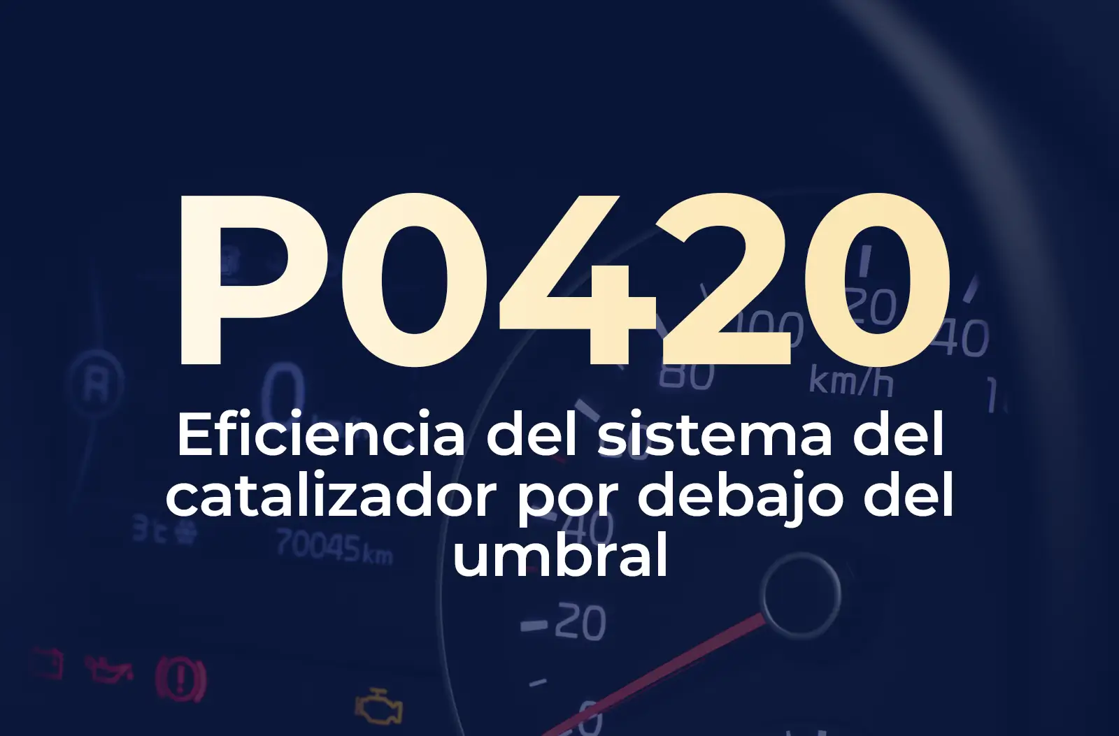 Muestra el código P0420 en amarillo y el texto "Eficiencia del sistema del catalizador por debajo del umbral" en blanco, sobre el fondo azul desenfocado del tablero.