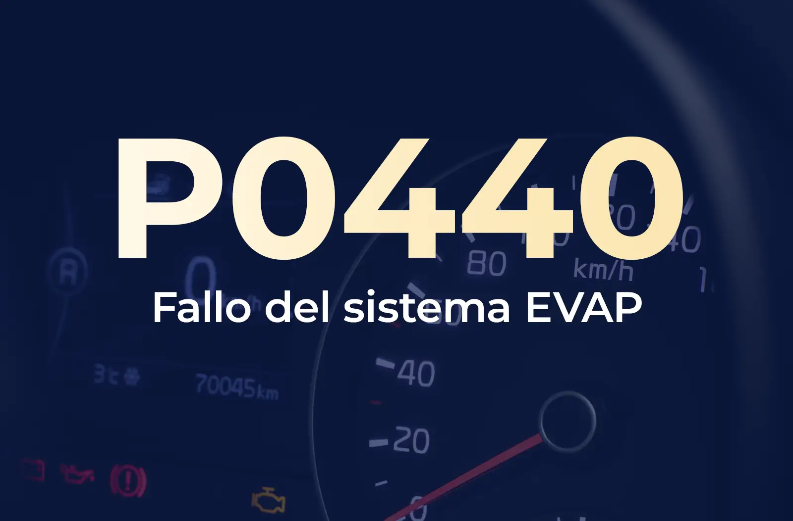Muestra el código P0440 en amarillo y el texto "Fallo del sistema EVAP" en blanco, sobre el fondo azul desenfocado del tablero del vehículo.