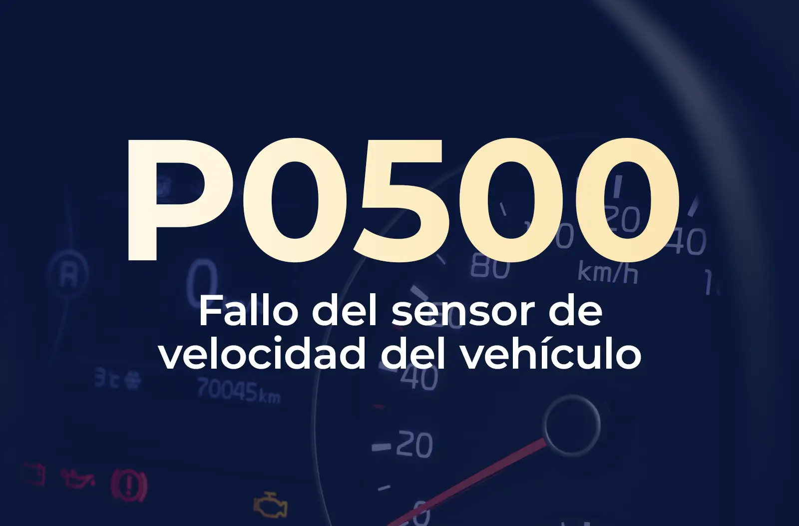 Muestra el código P0500 en amarillo y el texto "Fallo del sensor de velocidad del vehículo" en blanco, sobre un fondo azul desenfocado del tablero del vehículo.