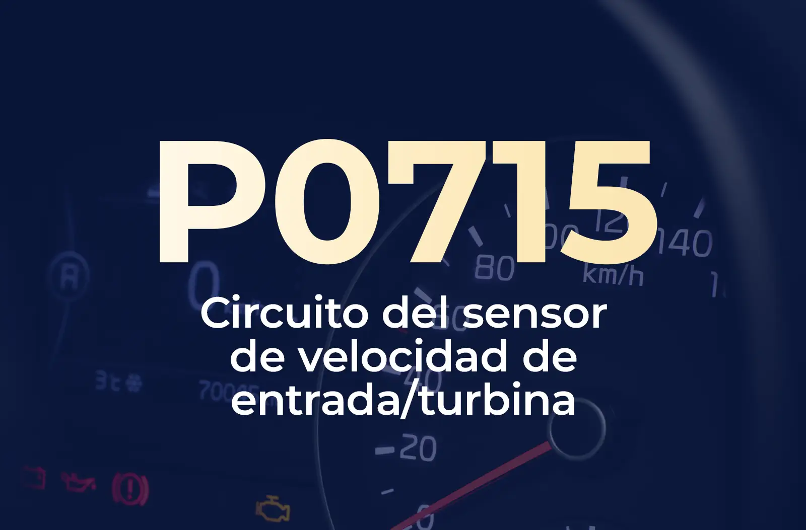 Muestra el código P0715 en amarillo y el texto "Circuito del sensor de velocidad de entrada/turbina" en blanco, sobre el fondo azul desenfocado del tablero.