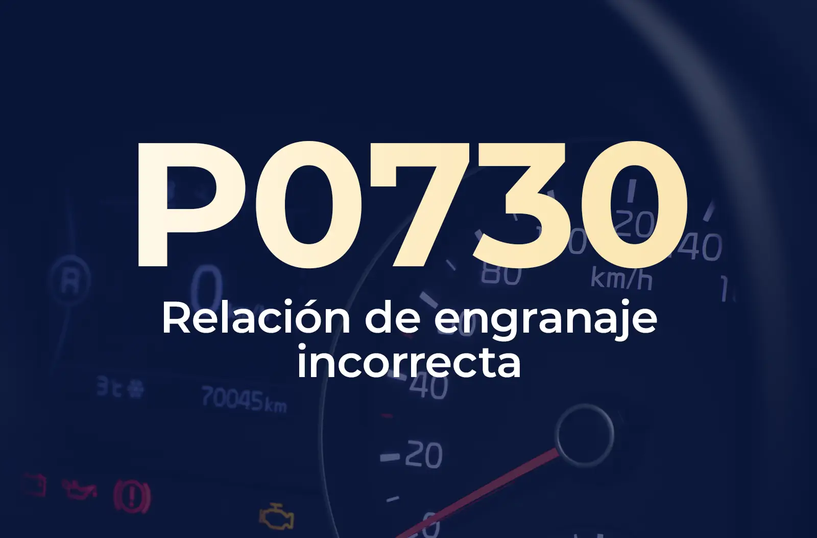 Muestra el código P0730 en amarillo y el texto "Relación de engranaje incorrecta" en blanco, sobre un fondo azul desenfocado del tablero del vehículo.