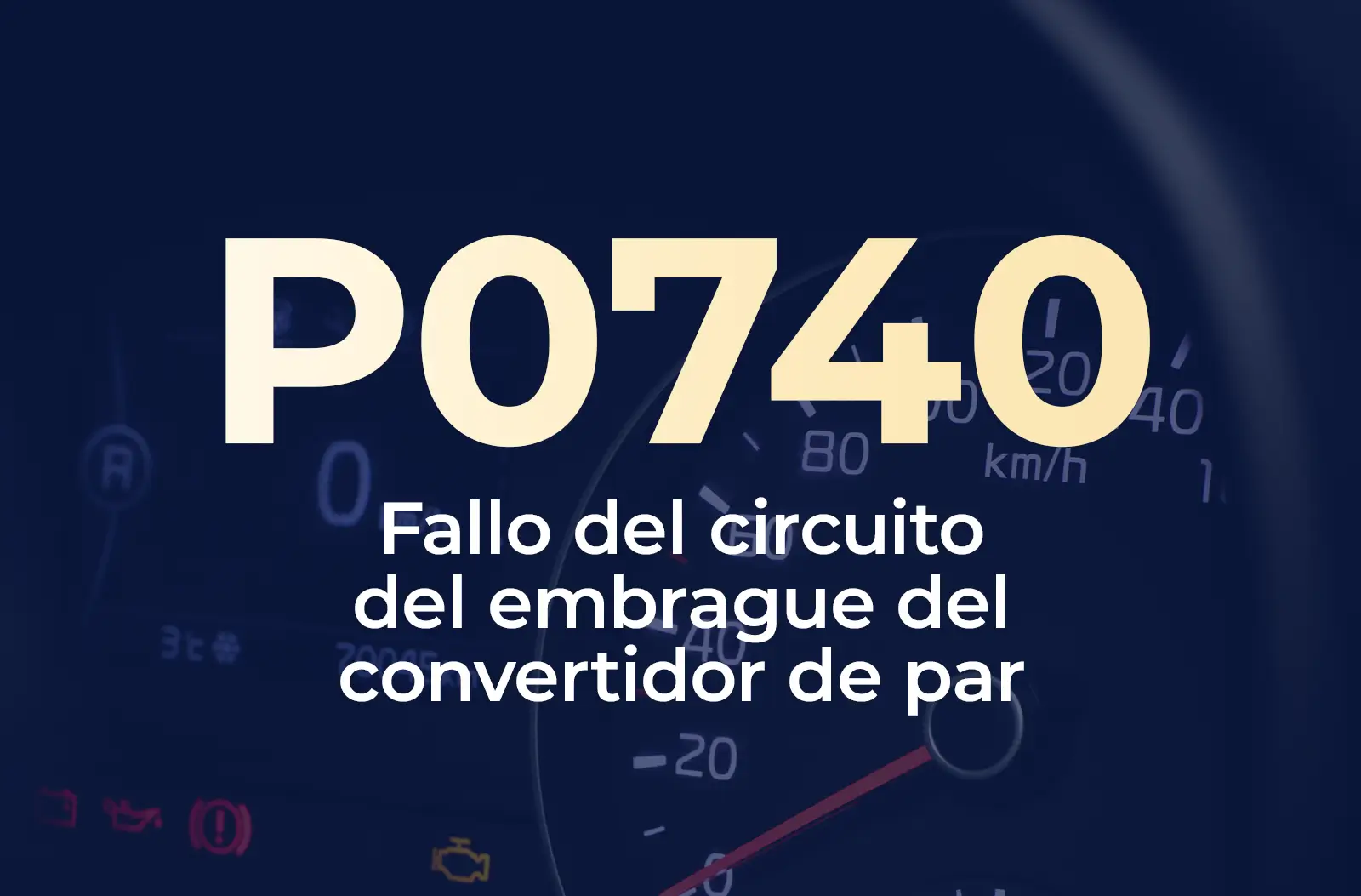 Muestra el código P0740 en amarillo y el texto "Fallo del circuito del embrague del convertidor de par" en blanco, sobre el fondo azul desenfocado del tablero.