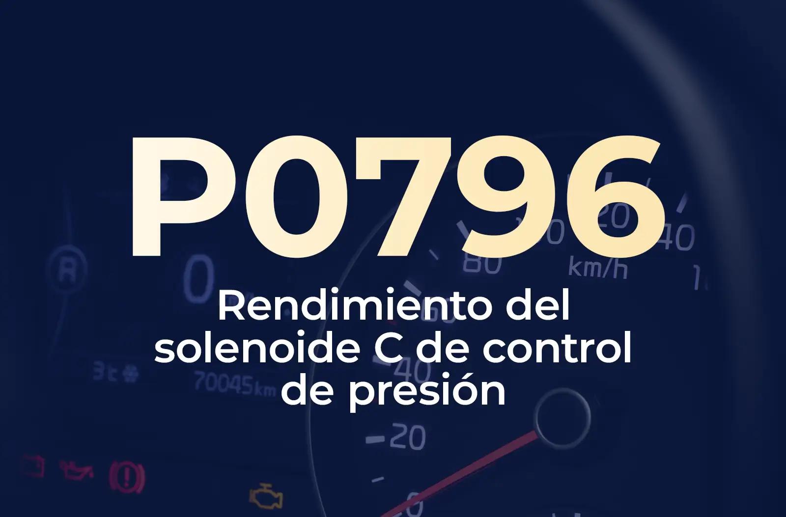 Muestra el código P0796 en amarillo y el texto "Rendimiento del solenoide C de control de presión" en blanco, sobre el fondo azul desenfocado del tablero de un vehículo.