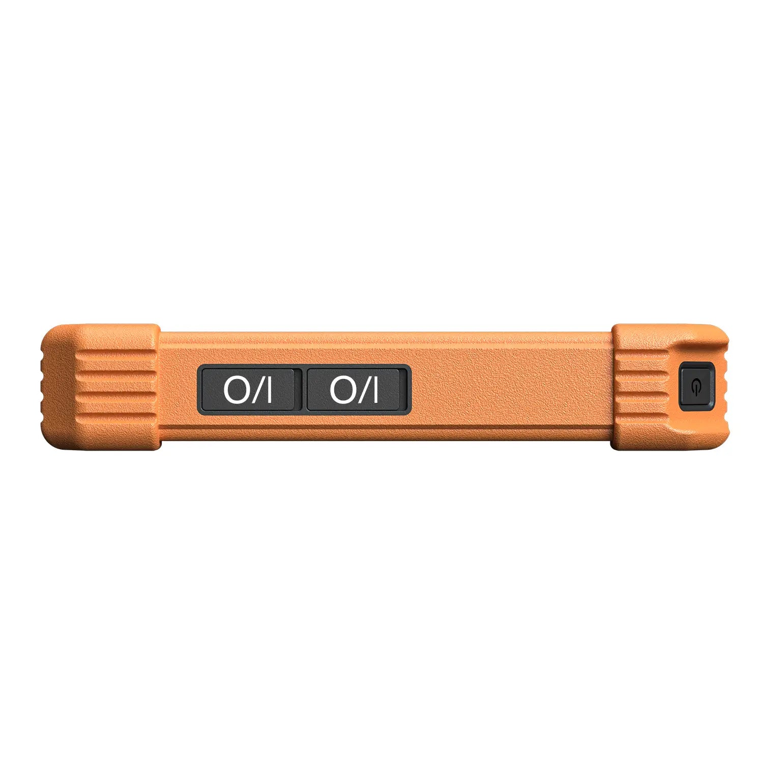 the top edge of a rugged orange device, featuring two large "I/O" buttons and a smaller power button on the right side. The textured casing includes grooved corner bumpers to provide extra impact protection.