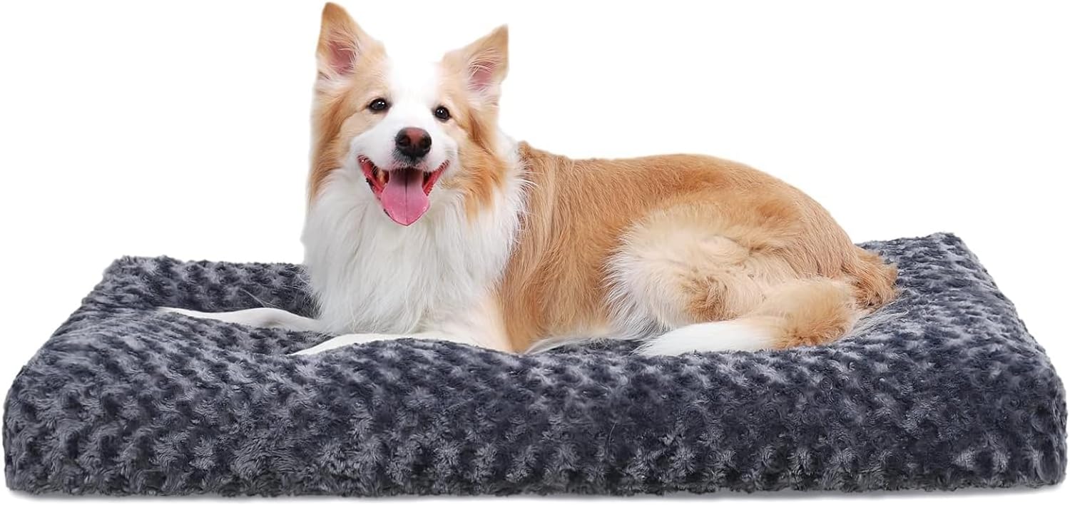 Washable Dog Bed Deluxe Plush Dog Crate Beds Comfy Kennel Pad Anti-Slip Pet Sleeping Mat for Large, Jumbo, Medium, Small Dogs Breeds, 35" x 23", Gray