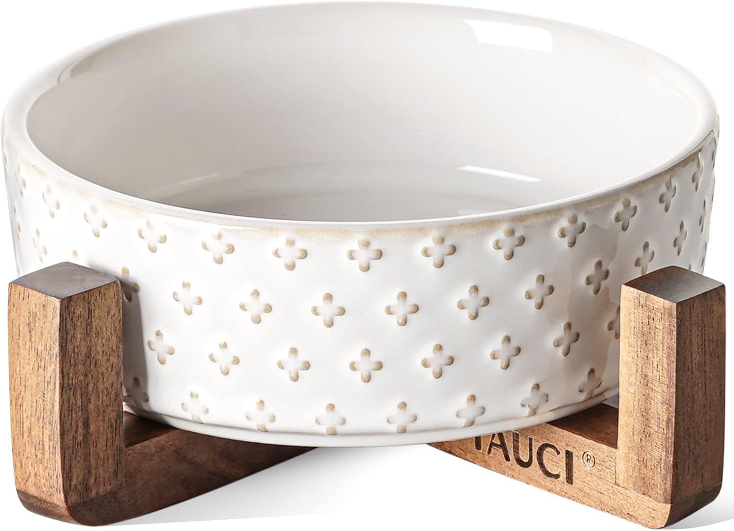 Dog Bowl Set with Acacia Wood Stand - 1.5-Cup Ceramic Puppy Bowls for Small Dogs, Dual Food and Water Bowls with Weighted Non-Slip Base