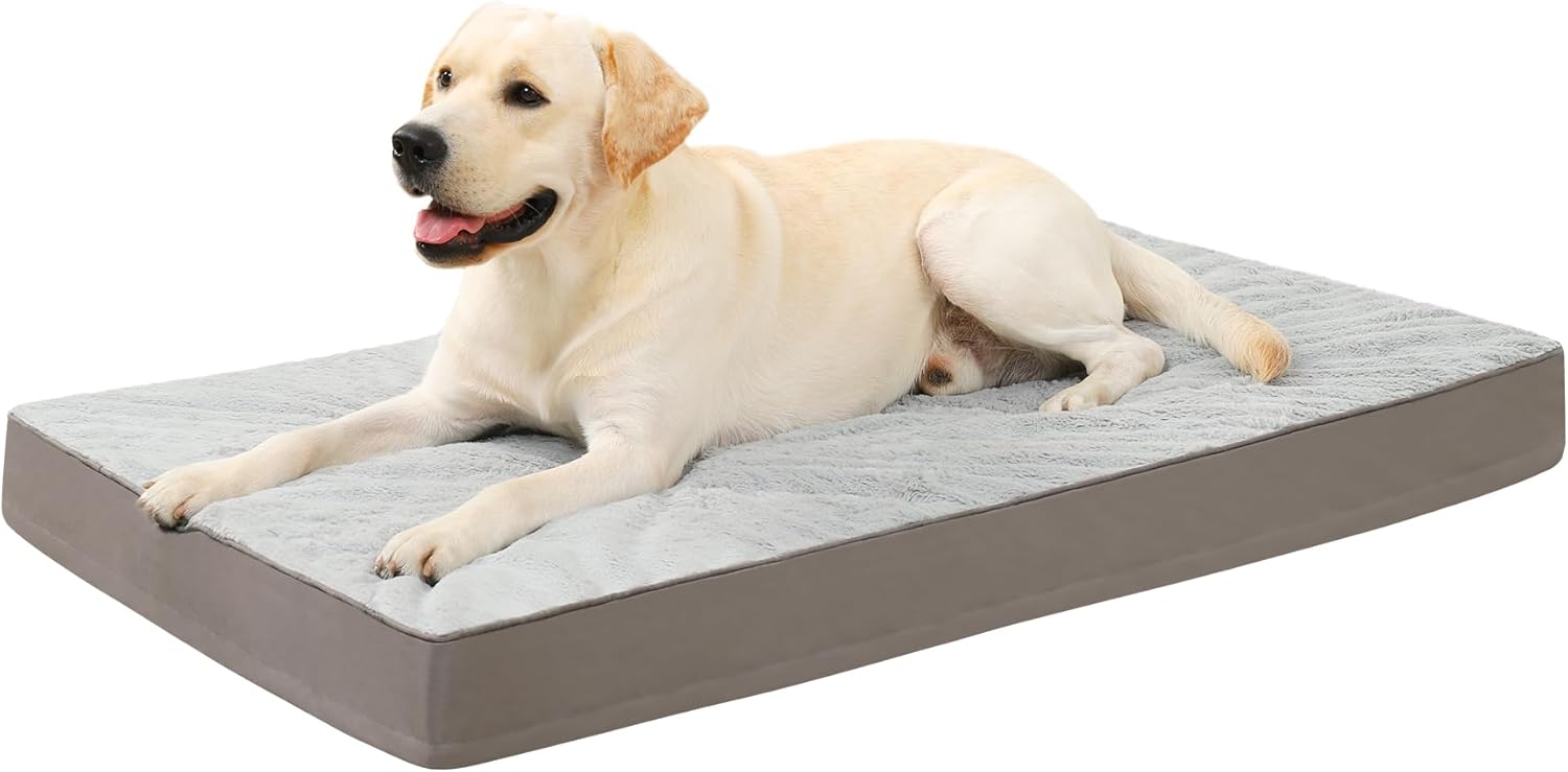 Orthopedic Dog Bed Dog Crate Bed Waterproof for Large Dogs Deluxe Plush Washable Pet Mat with Egg Crate Foam & Removable Cover, 35 x 22 Inch, Gray