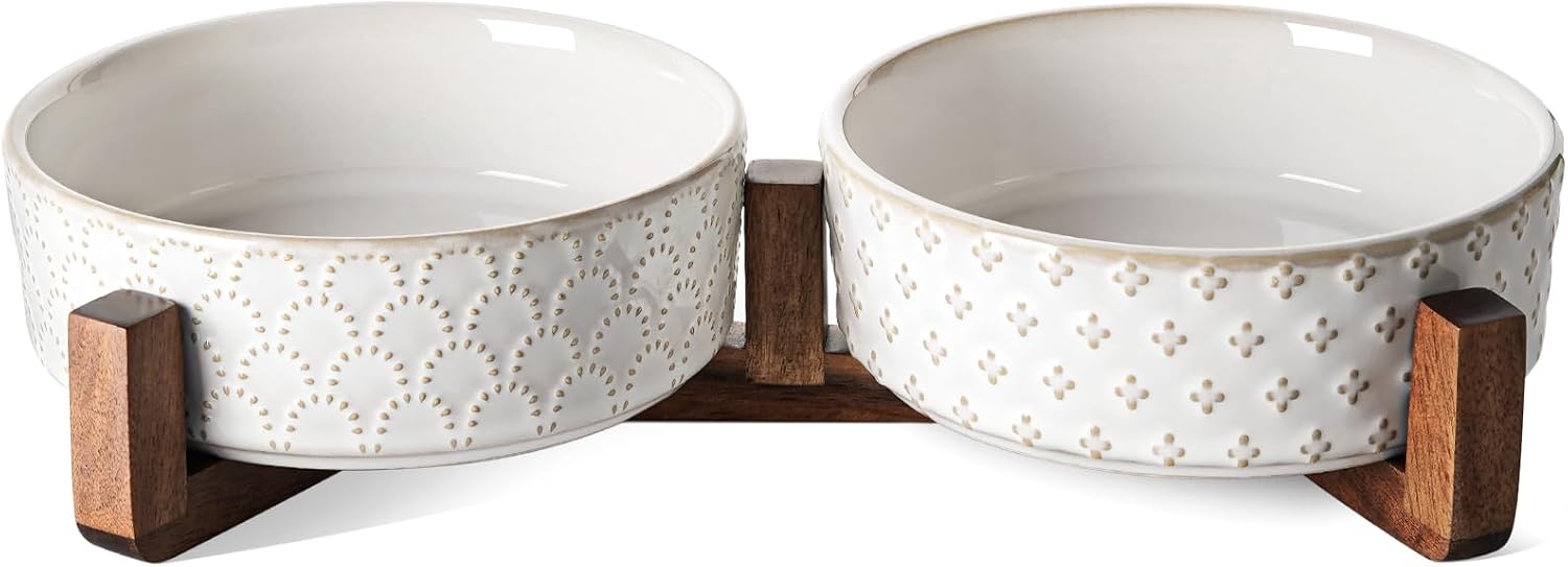 Dog Bowl Set with Acacia Wood Stand - 1.5-Cup Ceramic Puppy Bowls for Small Dogs, Dual Food and Water Bowls with Weighted Non-Slip Base