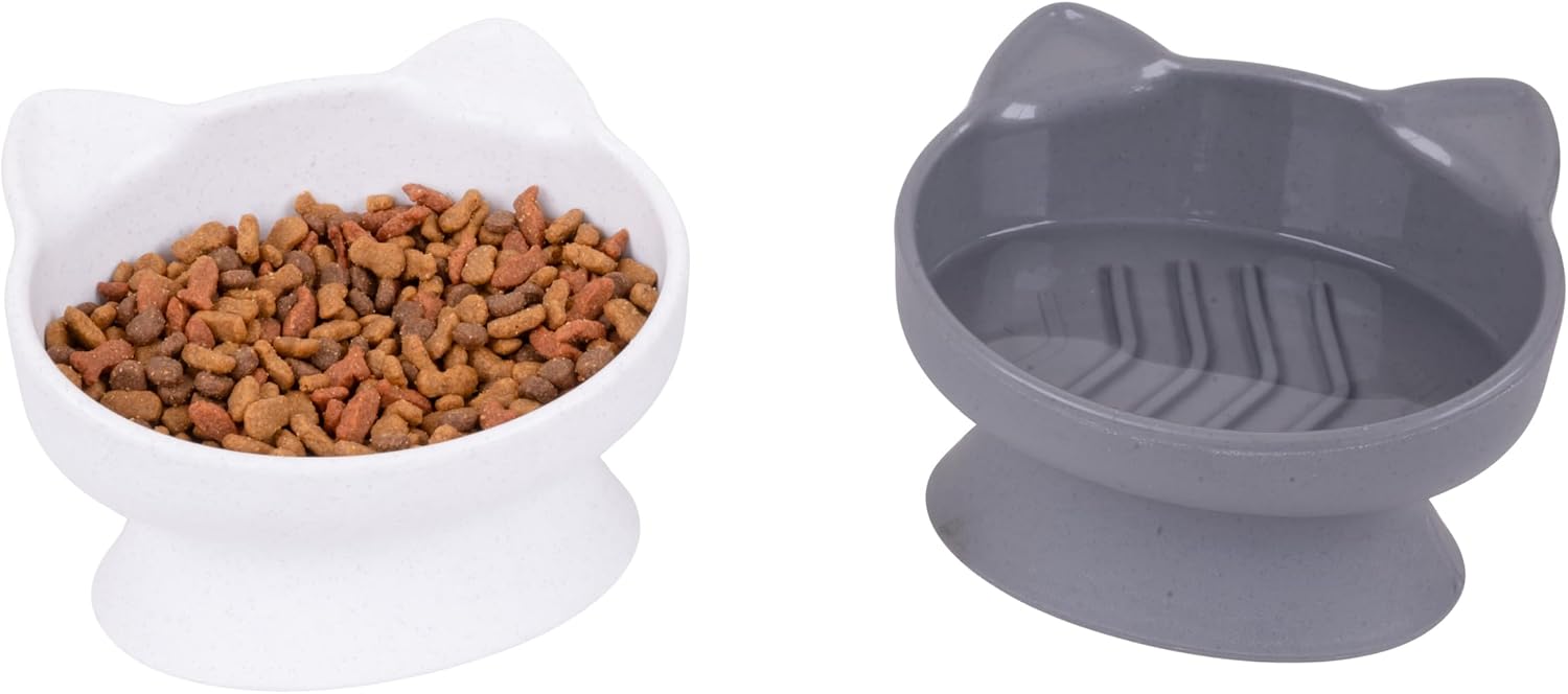 Elevated Cat Bowls (Set of 2), Whisker-Friendly Raised Cat Food & Water Dishes, Modern Pedestal Design, Dishwasher Safe, 6.5 oz Each – White & Gray
