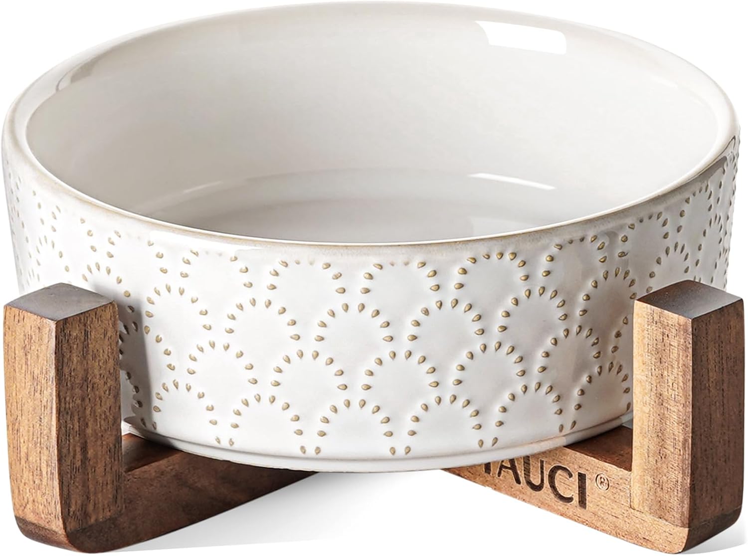 Dog Bowl Set with Acacia Wood Stand - 1.5-Cup Ceramic Puppy Bowls for Small Dogs, Dual Food and Water Bowls with Weighted Non-Slip Base