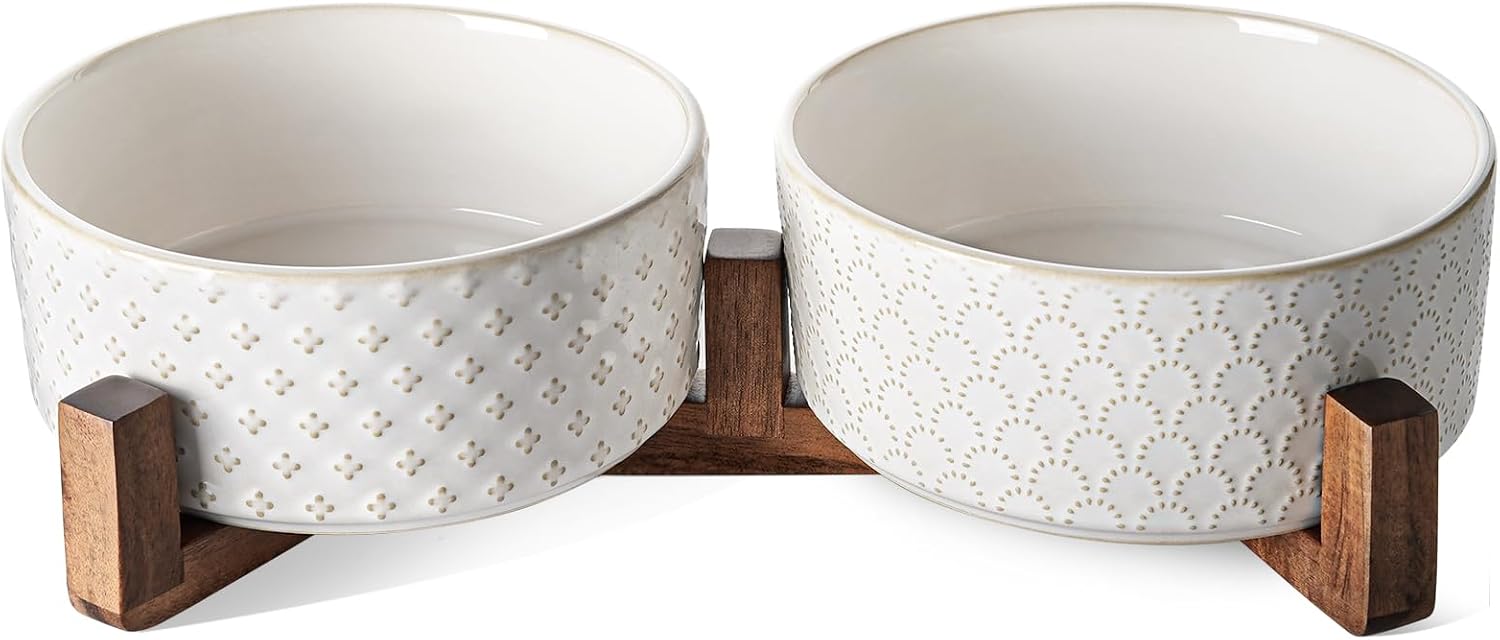 Dog Bowl Set with Acacia Wood Stand - 1.5-Cup Ceramic Puppy Bowls for Small Dogs, Dual Food and Water Bowls with Weighted Non-Slip Base