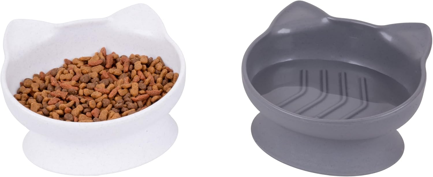 Elevated Cat Bowls (Set of 2), Whisker-Friendly Raised Cat Food & Water Dishes, Modern Pedestal Design, Dishwasher Safe, 6.5 oz Each – White & Gray