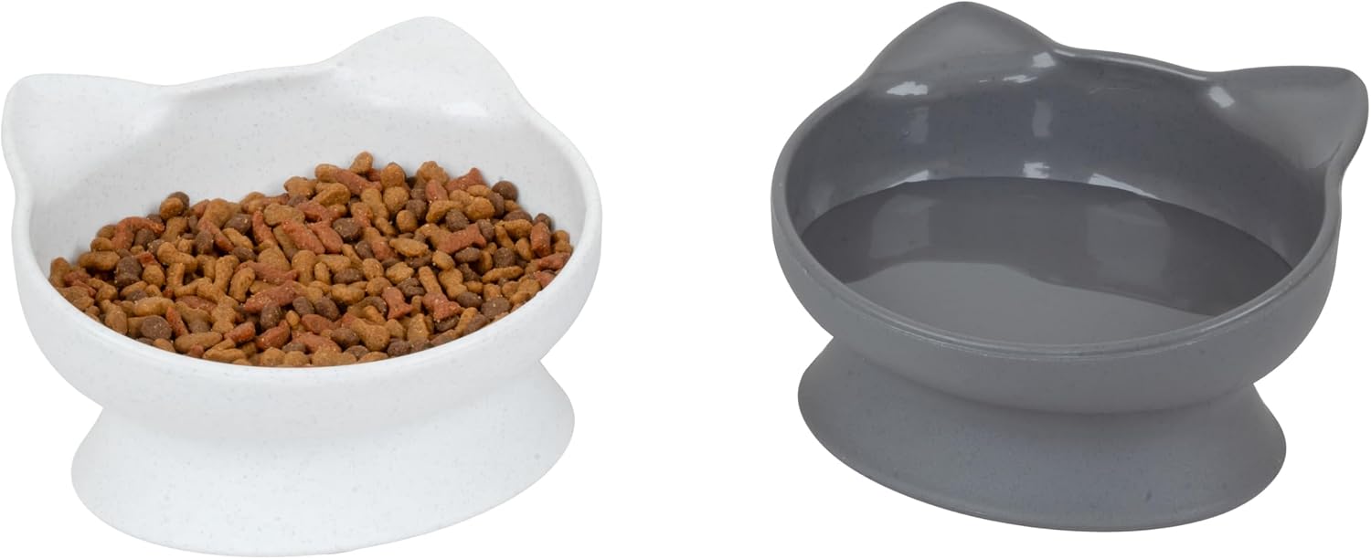Elevated Cat Bowls (Set of 2), Whisker-Friendly Raised Cat Food & Water Dishes, Modern Pedestal Design, Dishwasher Safe, 6.5 oz Each – White & Gray