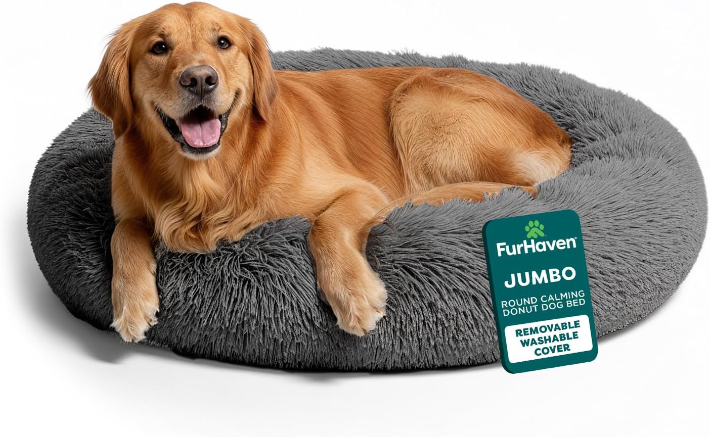 30" Round Calming Donut Dog Bed for Medium/Small Dogs, Refillable w/ Removable Washable Cover, For Dogs Up to 45 lbs - Shaggy Plush Long Faux Fur Donut Bed - Taupe, Medium