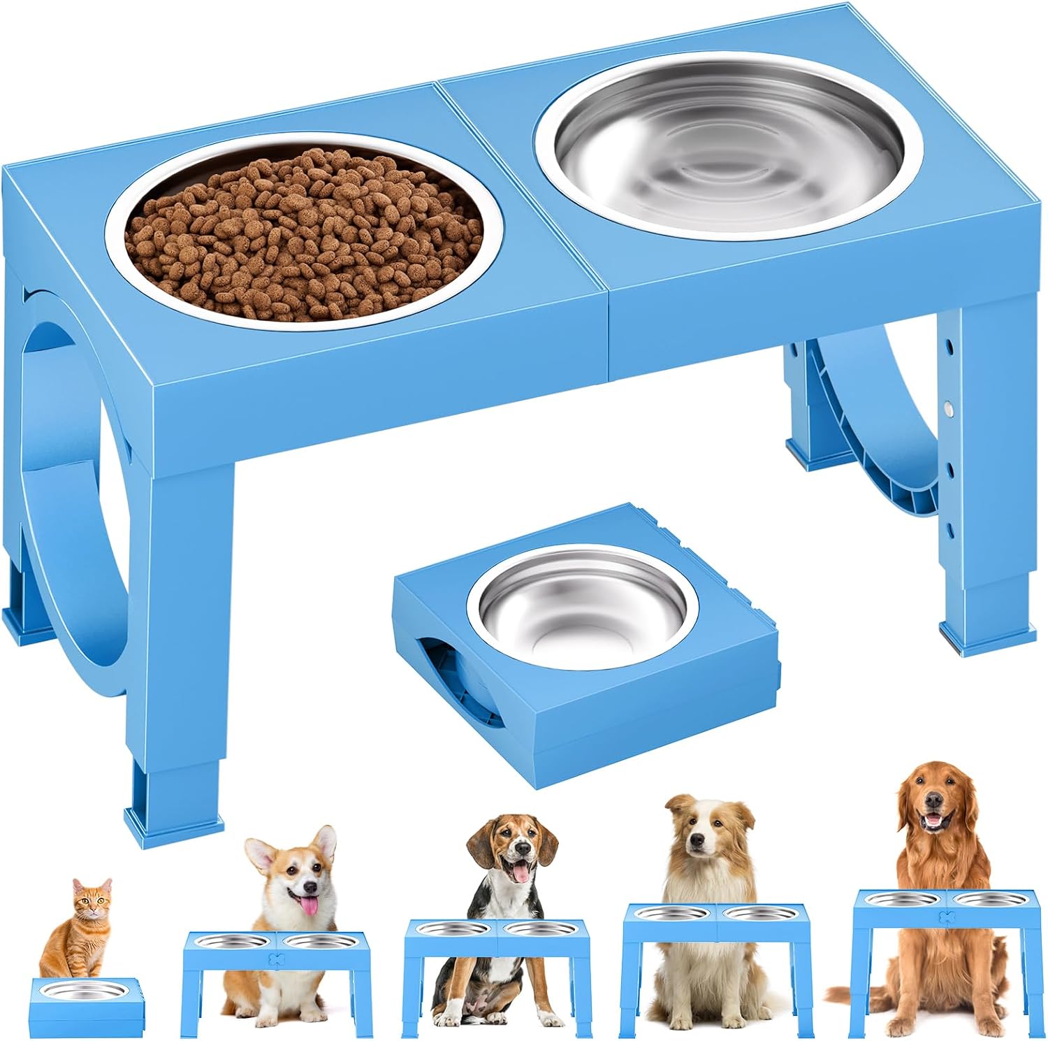 Elevated Dog Bowls Large Breed Raised Dogs Bowl Stand Large/Medium Sized Dog Stainless Steel Food Water Bowl Stands 5 Heights Adjustable 9/11/12/14in Black Pet Feeder Dish Station