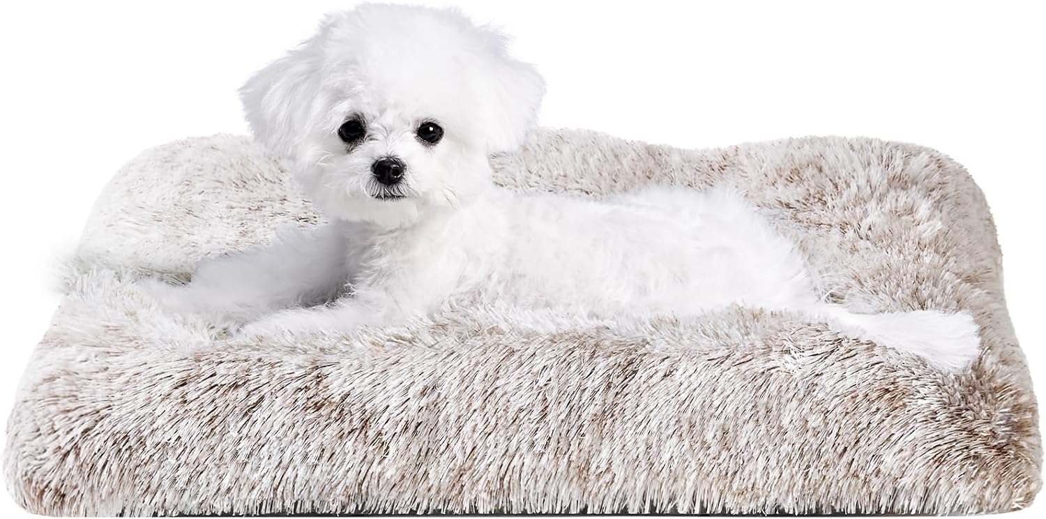 Fluffy Dog Crate Bed for Extra Large Dogs, Plush Faux Fur Pad, Calming Anti Anxiety XL Bed for Crate, Washable Soft Warm Dog Mat with Non-Slip Bottom, Grey