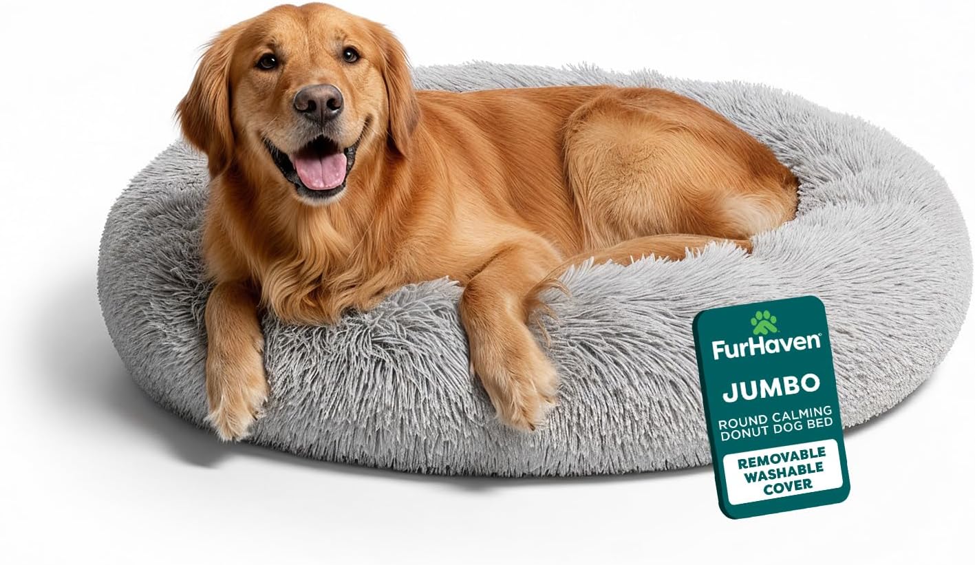 30" Round Calming Donut Dog Bed for Medium/Small Dogs, Refillable w/ Removable Washable Cover, For Dogs Up to 45 lbs - Shaggy Plush Long Faux Fur Donut Bed - Taupe, Medium