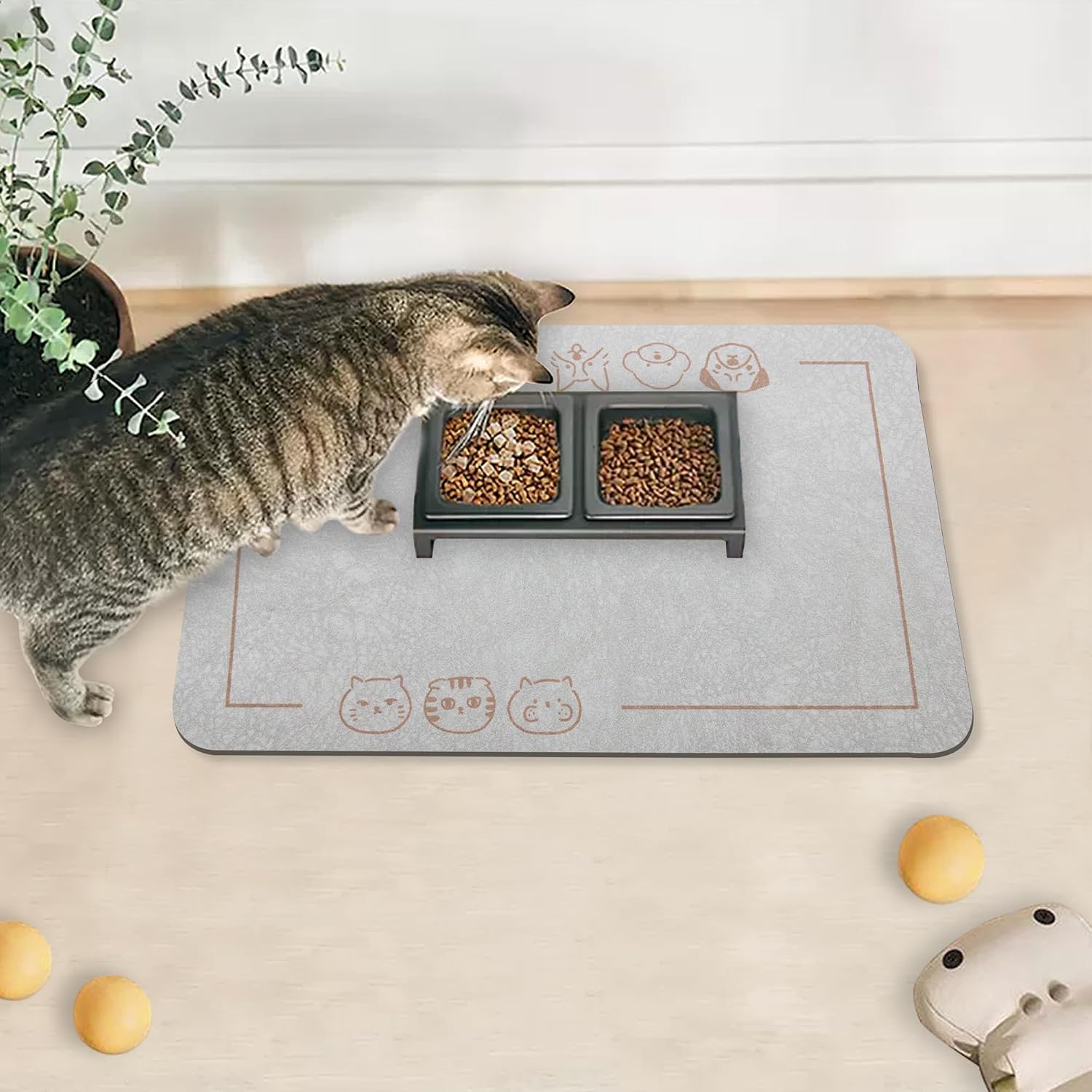 Cat Food Mat for Pet Dog Feeting Mats, Cat Mat for Food and Water, Non-Slip Super Absorbent, with Multiple cat Heads Logo .18.1 x 11.8 inches, Dark Grey