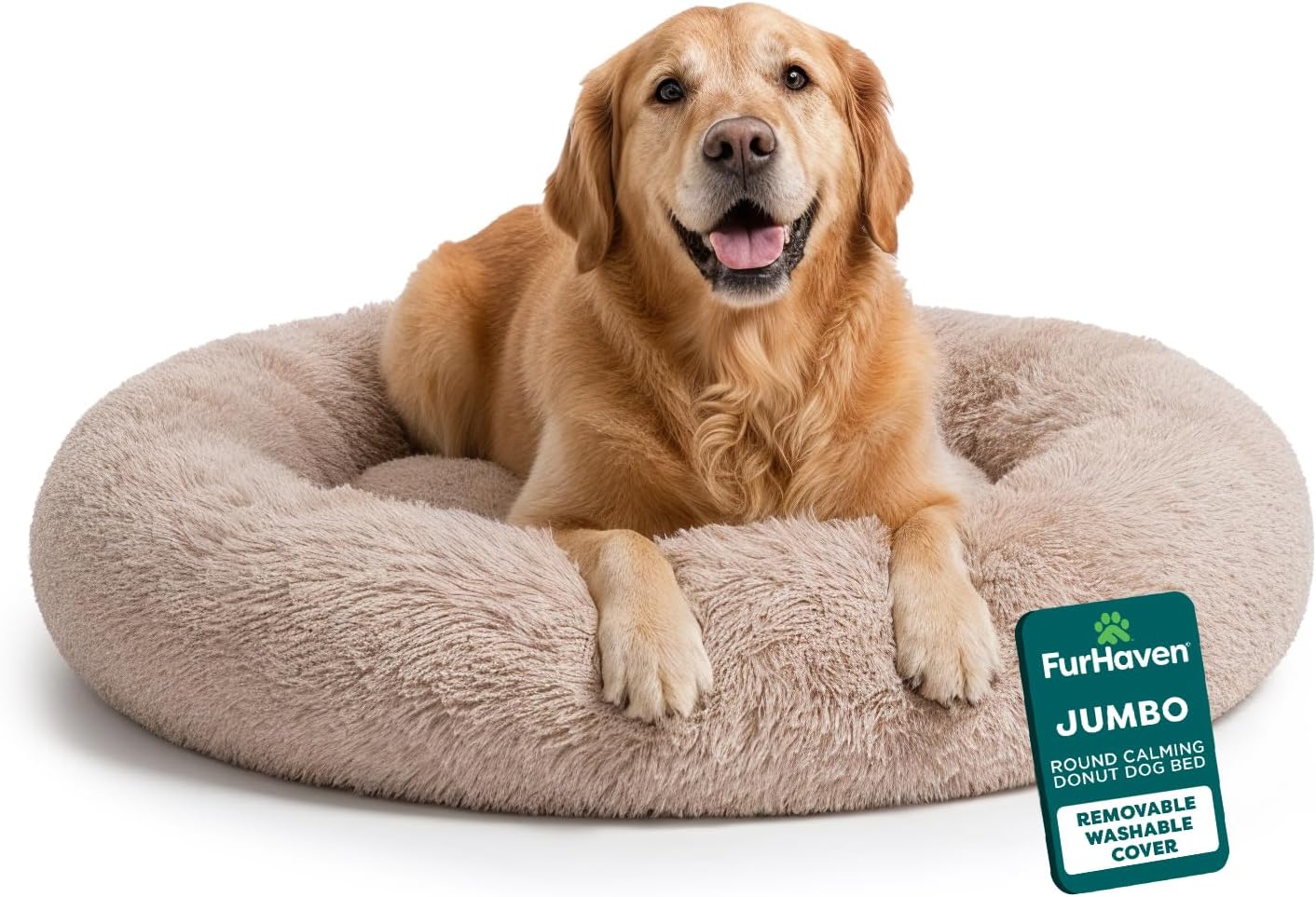 30" Round Calming Donut Dog Bed for Medium/Small Dogs, Refillable w/ Removable Washable Cover, For Dogs Up to 45 lbs - Shaggy Plush Long Faux Fur Donut Bed - Taupe, Medium