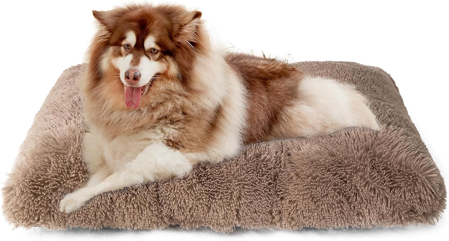 Fluffy Dog Crate Bed for Extra Large Dogs, Plush Faux Fur Pad, Calming Anti Anxiety XL Bed for Crate, Washable Soft Warm Dog Mat with Non-Slip Bottom, Grey