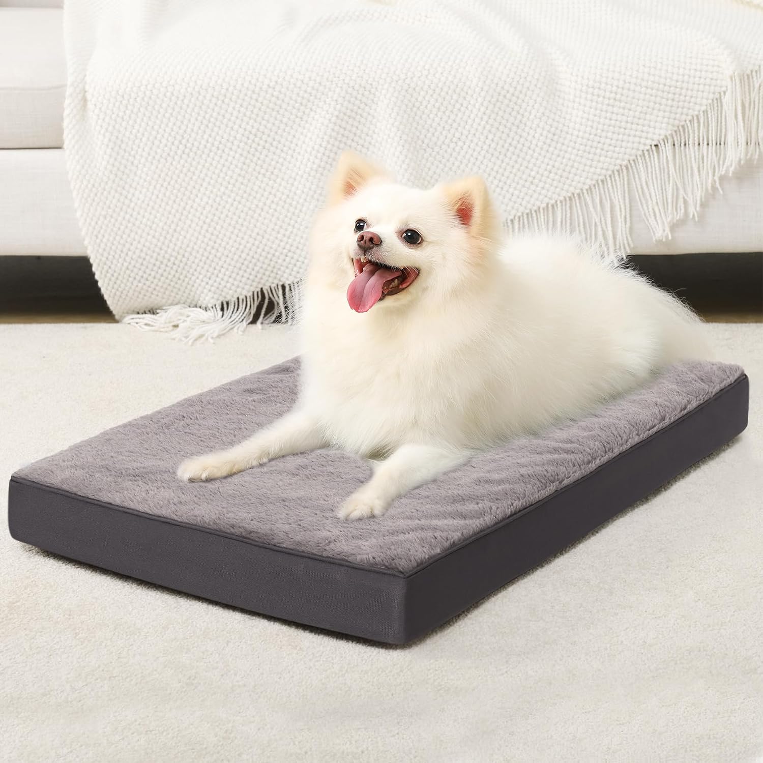 Orthopedic Dog Bed Dog Crate Bed Waterproof for Large Dogs Deluxe Plush Washable Pet Mat with Egg Crate Foam & Removable Cover, 35 x 22 Inch, Gray