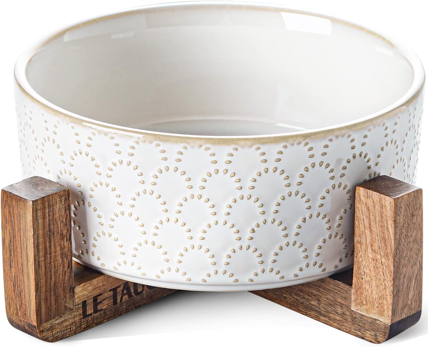 Dog Bowl Set with Acacia Wood Stand - 1.5-Cup Ceramic Puppy Bowls for Small Dogs, Dual Food and Water Bowls with Weighted Non-Slip Base