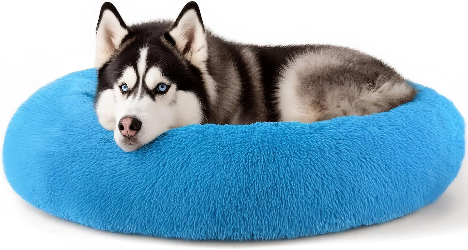 Dog & Cat Bed for Indoor Cats, 20in Calming Donut Bed for Puppy and Kitten, Washable Round Fluffy Pet Bed for Small Medium Dogs and Cats (Light Grey)