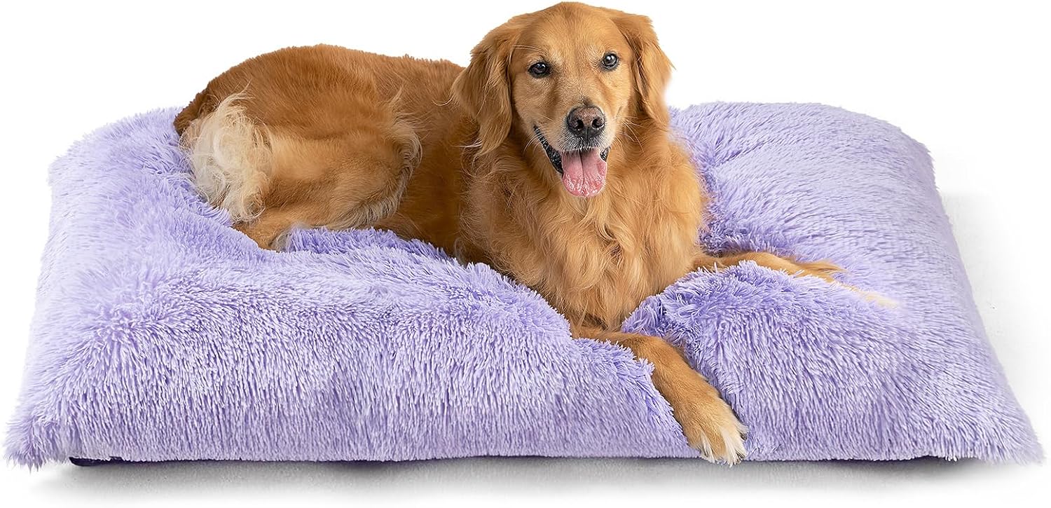Fluffy Dog Crate Bed for Extra Large Dogs, Plush Faux Fur Pad, Calming Anti Anxiety XL Bed for Crate, Washable Soft Warm Dog Mat with Non-Slip Bottom, Grey