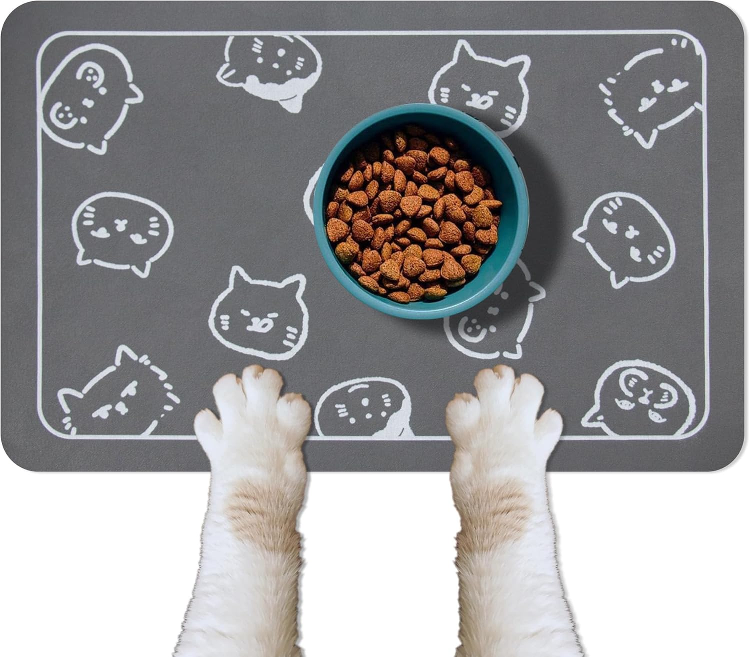Cat Food Mat for Pet Dog Feeting Mats, Cat Mat for Food and Water, Non-Slip Super Absorbent, with Multiple cat Heads Logo .18.1 x 11.8 inches, Dark Grey