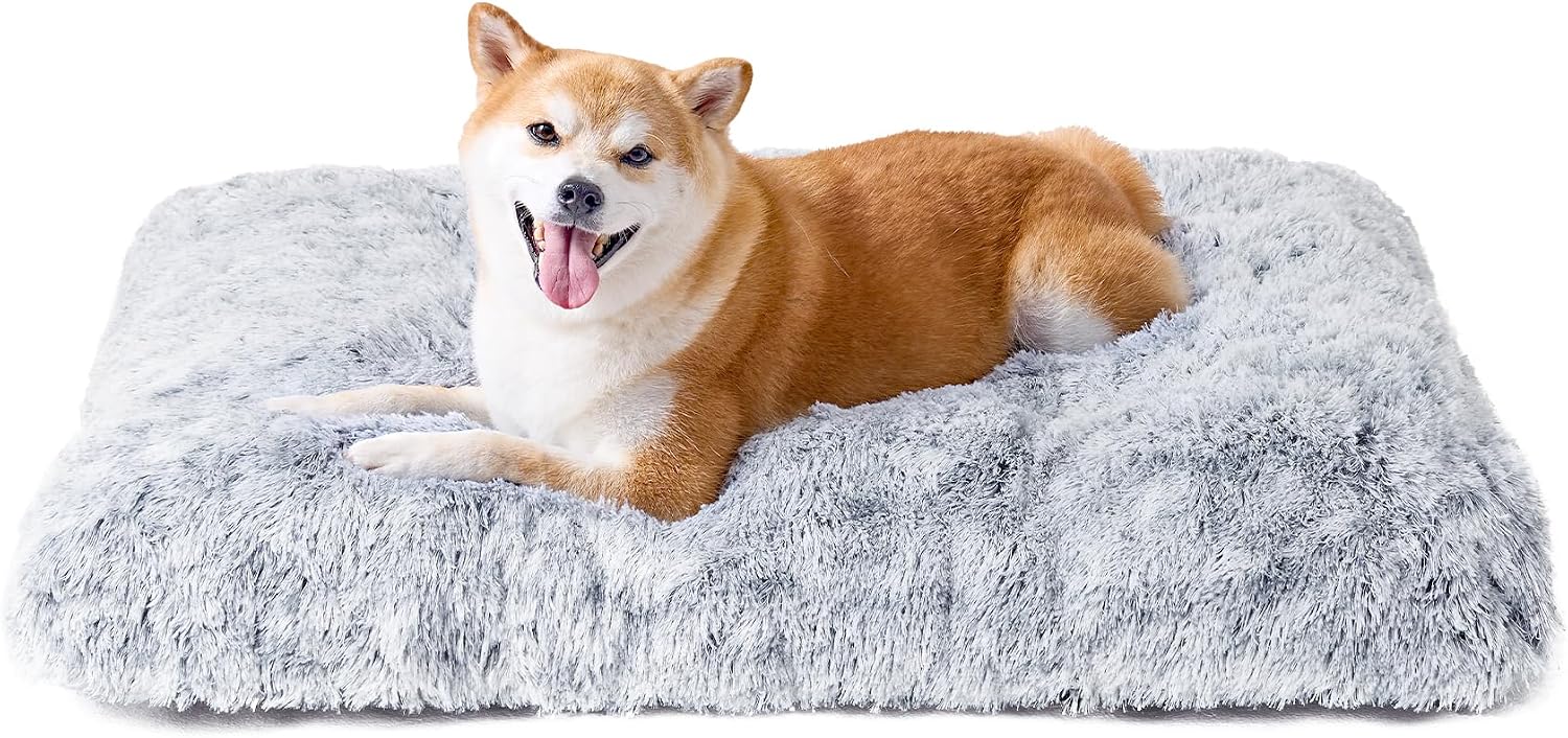 Fluffy Dog Crate Bed for Extra Large Dogs, Plush Faux Fur Pad, Calming Anti Anxiety XL Bed for Crate, Washable Soft Warm Dog Mat with Non-Slip Bottom, Grey