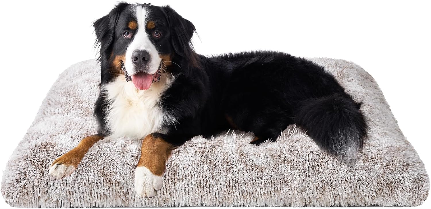 Fluffy Dog Crate Bed for Extra Large Dogs, Plush Faux Fur Pad, Calming Anti Anxiety XL Bed for Crate, Washable Soft Warm Dog Mat with Non-Slip Bottom, Grey