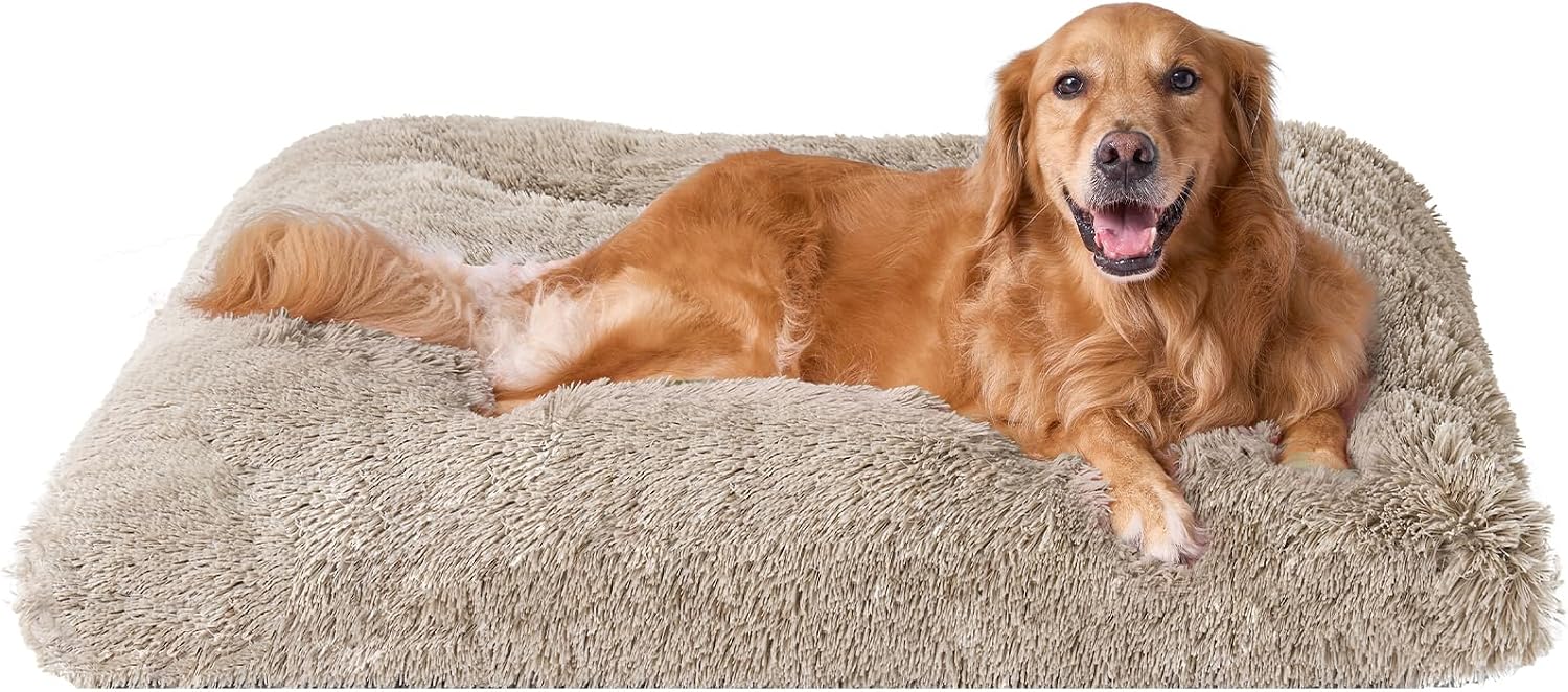 Fluffy Dog Crate Bed for Extra Large Dogs, Plush Faux Fur Pad, Calming Anti Anxiety XL Bed for Crate, Washable Soft Warm Dog Mat with Non-Slip Bottom, Grey