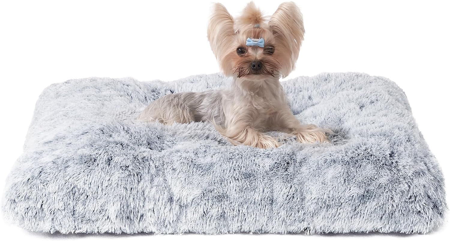 Fluffy Dog Crate Bed for Extra Large Dogs, Plush Faux Fur Pad, Calming Anti Anxiety XL Bed for Crate, Washable Soft Warm Dog Mat with Non-Slip Bottom, Grey