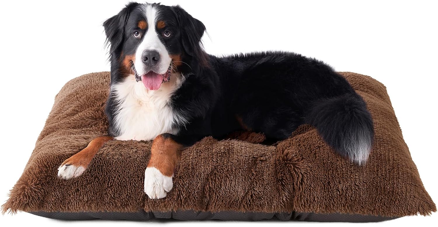 Fluffy Dog Crate Bed for Extra Large Dogs, Plush Faux Fur Pad, Calming Anti Anxiety XL Bed for Crate, Washable Soft Warm Dog Mat with Non-Slip Bottom, Grey