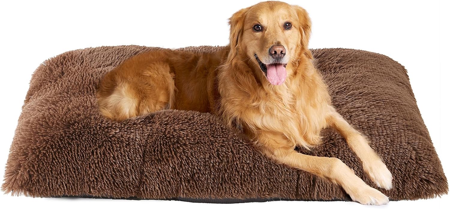 Fluffy Dog Crate Bed for Extra Large Dogs, Plush Faux Fur Pad, Calming Anti Anxiety XL Bed for Crate, Washable Soft Warm Dog Mat with Non-Slip Bottom, Grey