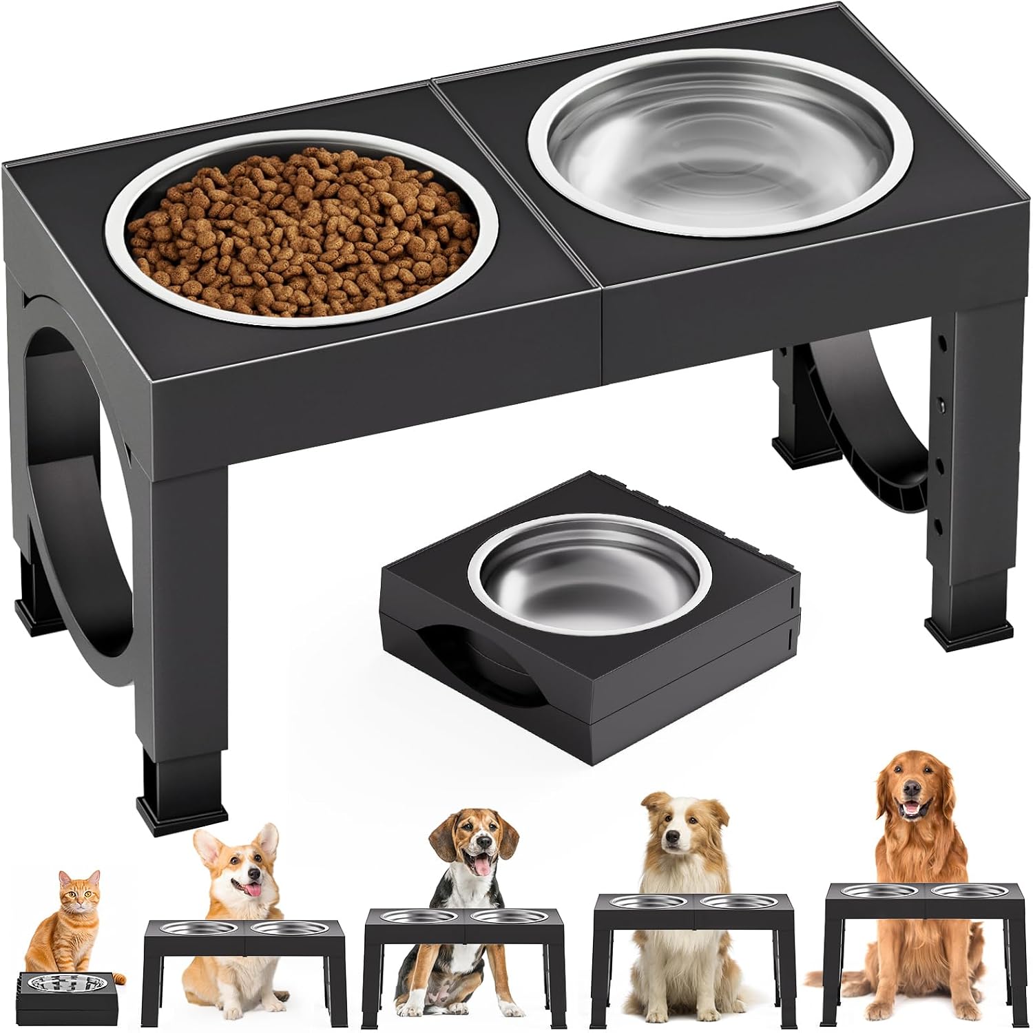 Elevated Dog Bowls Large Breed Raised Dogs Bowl Stand Large/Medium Sized Dog Stainless Steel Food Water Bowl Stands 5 Heights Adjustable 9/11/12/14in Black Pet Feeder Dish Station