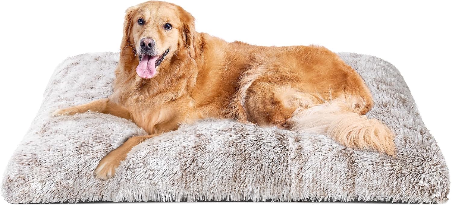 Fluffy Dog Crate Bed for Extra Large Dogs, Plush Faux Fur Pad, Calming Anti Anxiety XL Bed for Crate, Washable Soft Warm Dog Mat with Non-Slip Bottom, Grey