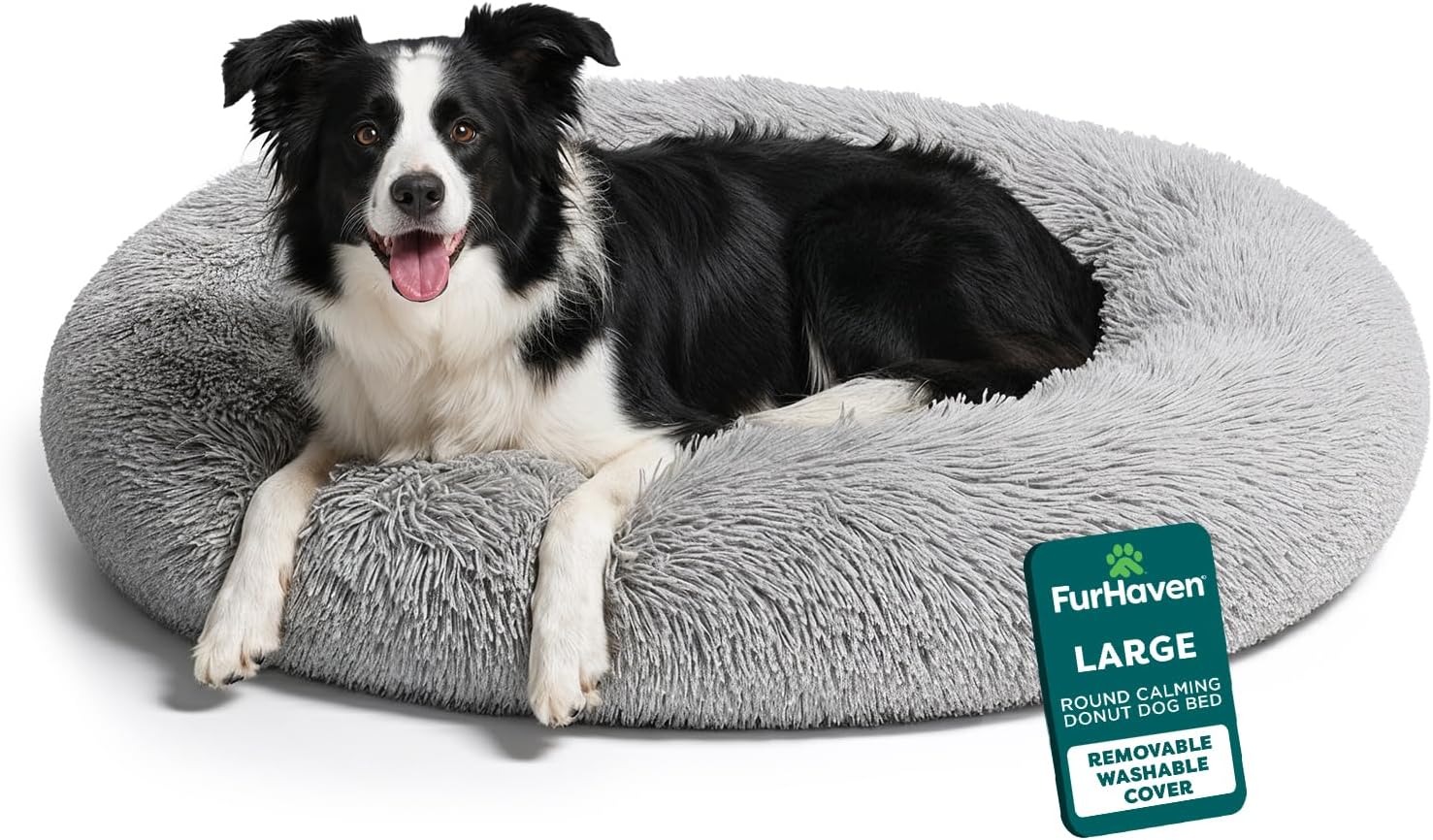 30" Round Calming Donut Dog Bed for Medium/Small Dogs, Refillable w/ Removable Washable Cover, For Dogs Up to 45 lbs - Shaggy Plush Long Faux Fur Donut Bed - Taupe, Medium