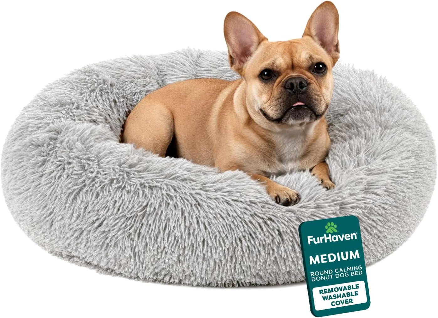 30" Round Calming Donut Dog Bed for Medium/Small Dogs, Refillable w/ Removable Washable Cover, For Dogs Up to 45 lbs - Shaggy Plush Long Faux Fur Donut Bed - Taupe, Medium
