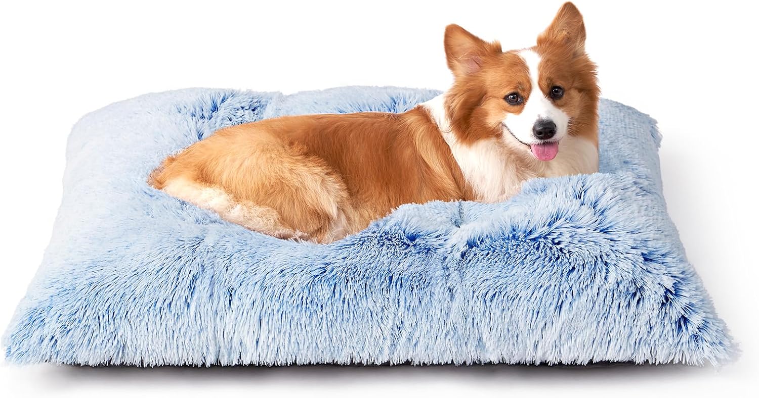 Fluffy Dog Crate Bed for Extra Large Dogs, Plush Faux Fur Pad, Calming Anti Anxiety XL Bed for Crate, Washable Soft Warm Dog Mat with Non-Slip Bottom, Grey