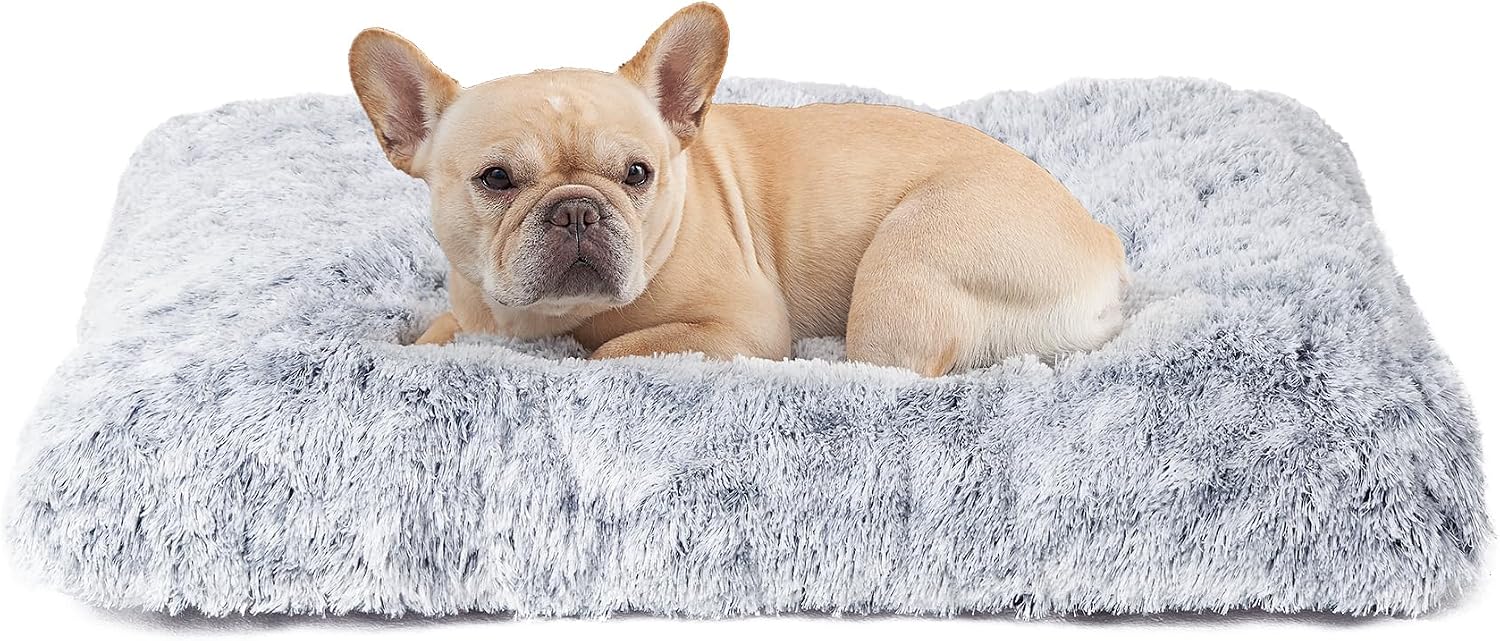 Fluffy Dog Crate Bed for Extra Large Dogs, Plush Faux Fur Pad, Calming Anti Anxiety XL Bed for Crate, Washable Soft Warm Dog Mat with Non-Slip Bottom, Grey
