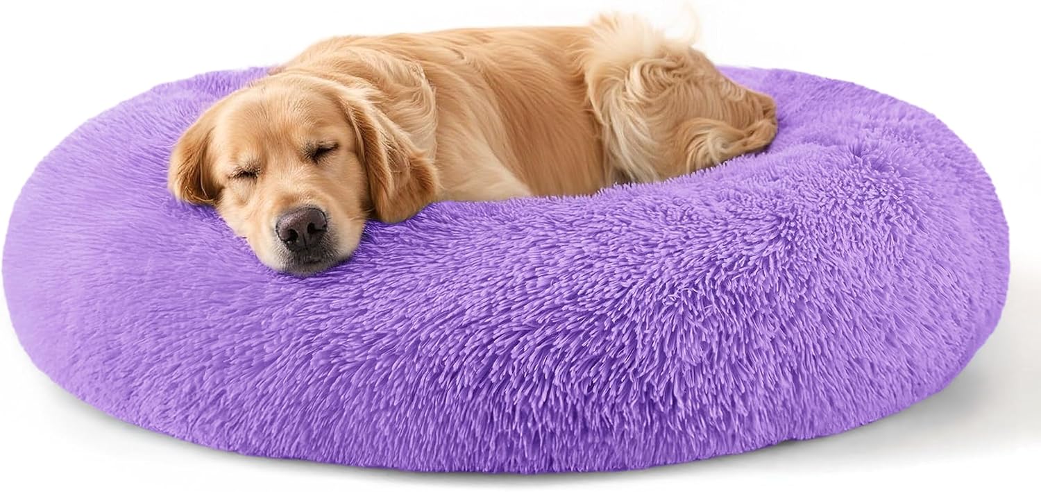 Dog & Cat Bed for Indoor Cats, 20in Calming Donut Bed for Puppy and Kitten, Washable Round Fluffy Pet Bed for Small Medium Dogs and Cats (Light Grey)